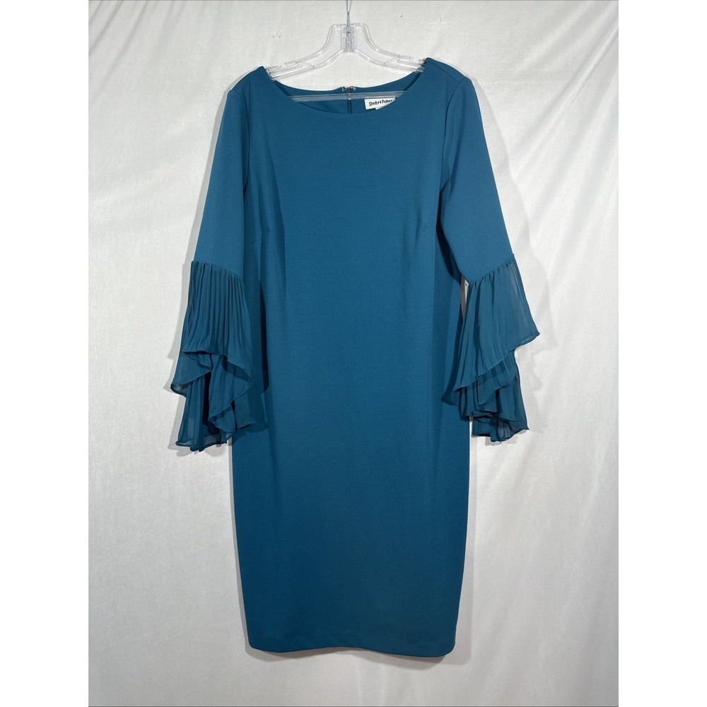 NEW Shelby & Palmer [ 16 ] Boatneck Pleated Bell Sleeve Sheath Dress Teal #J2055